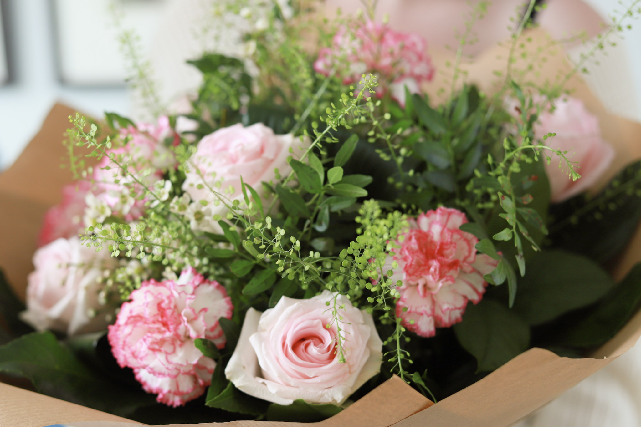 Pink carnations and roses available for same day flower deliver
