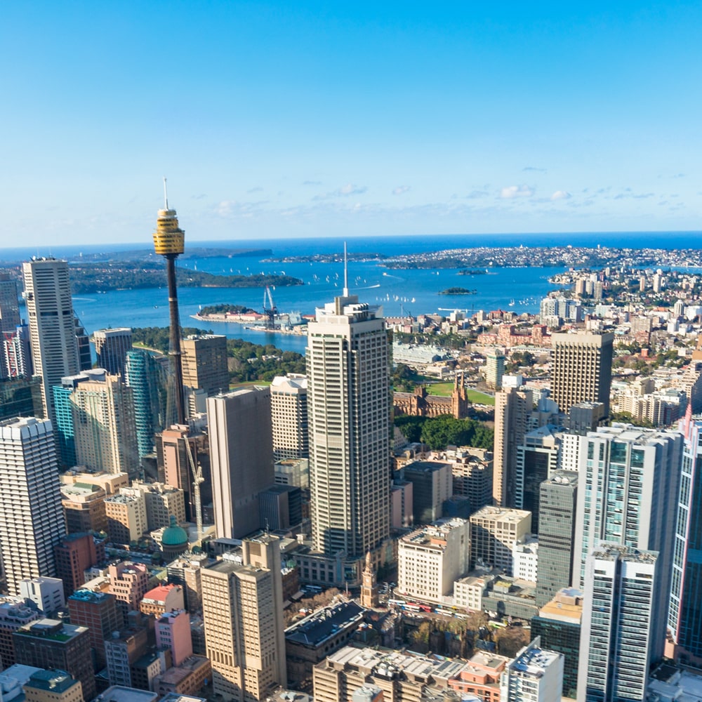 Sydney skyline featuring Sydney Tower, skyscrapers, and the harbor.