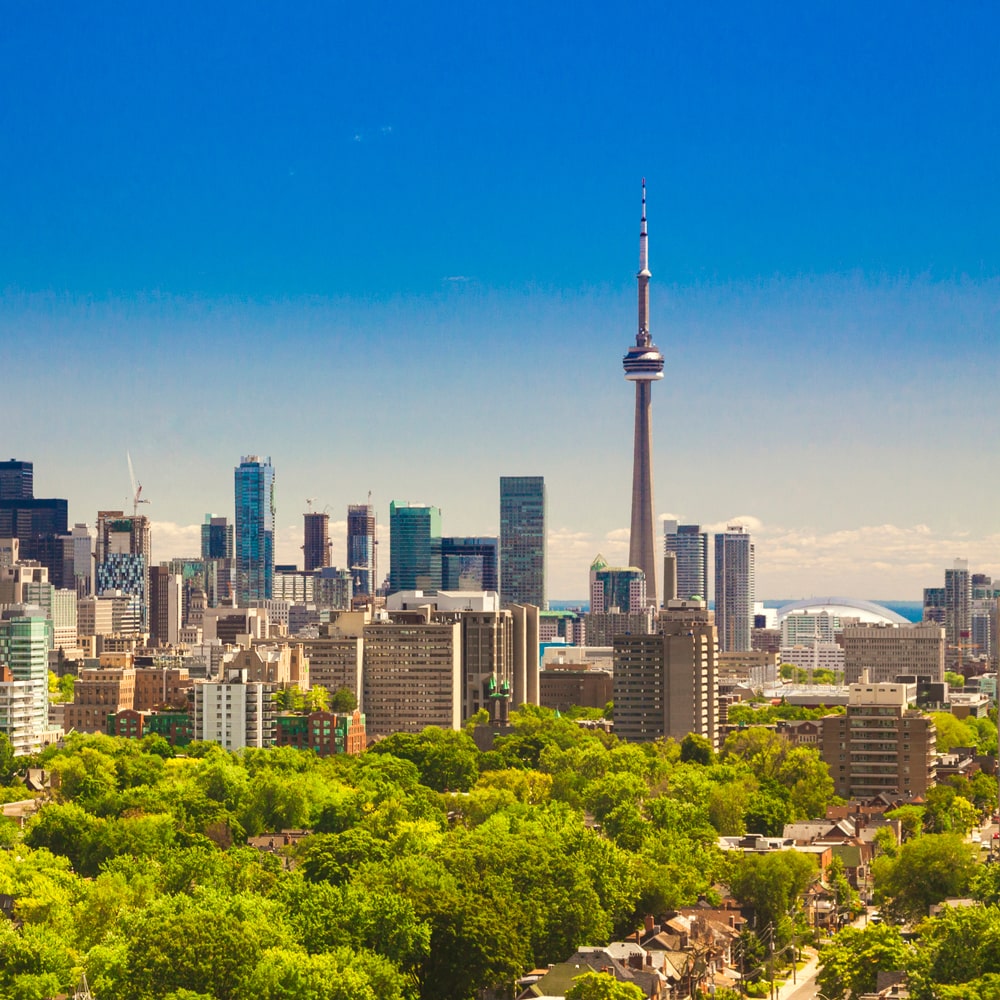 Toronto skyline with CN Tower, high-rises, and a green cityscape.