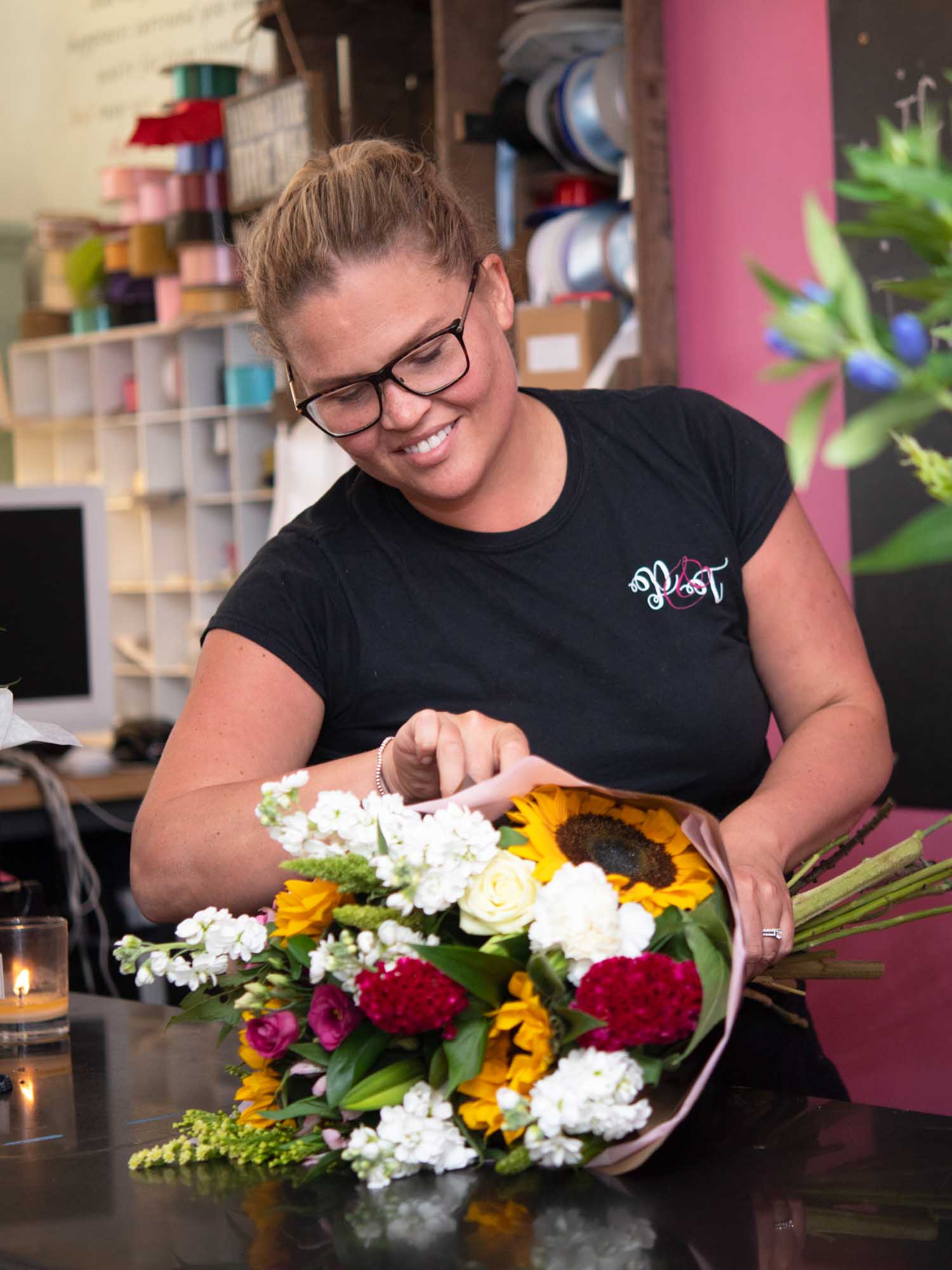 Direct2florist Member Cooke & Thomas Florist in Market Drayton making a sunflower bouquet