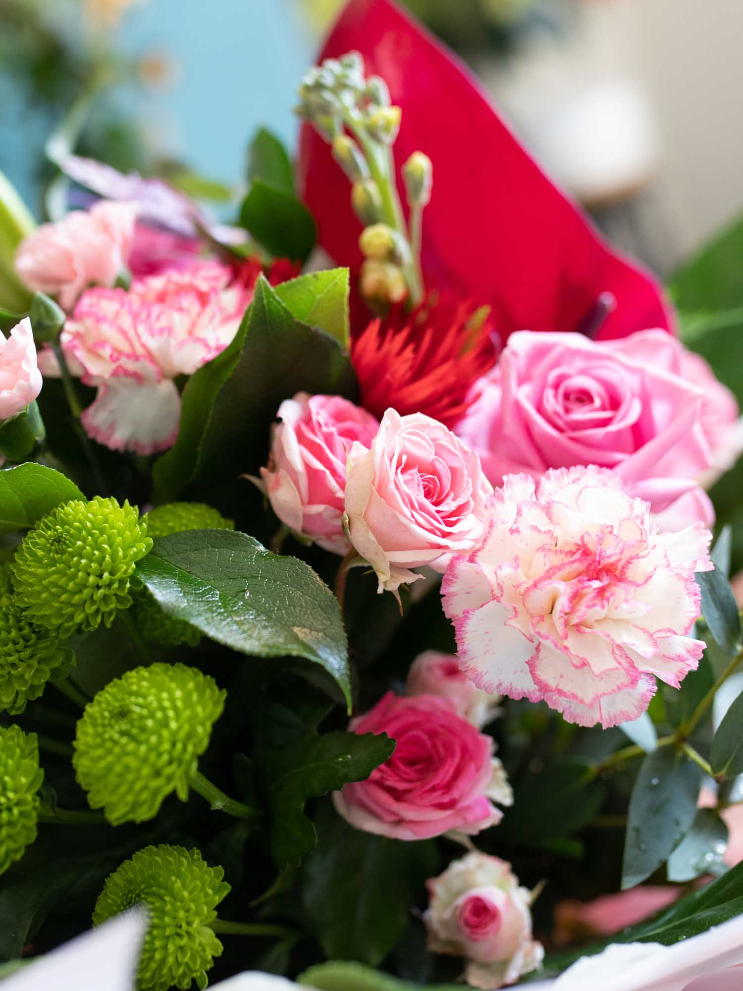 Close-up of a colourful bouquet with pink roses, carnations, and green chrysanthemums.